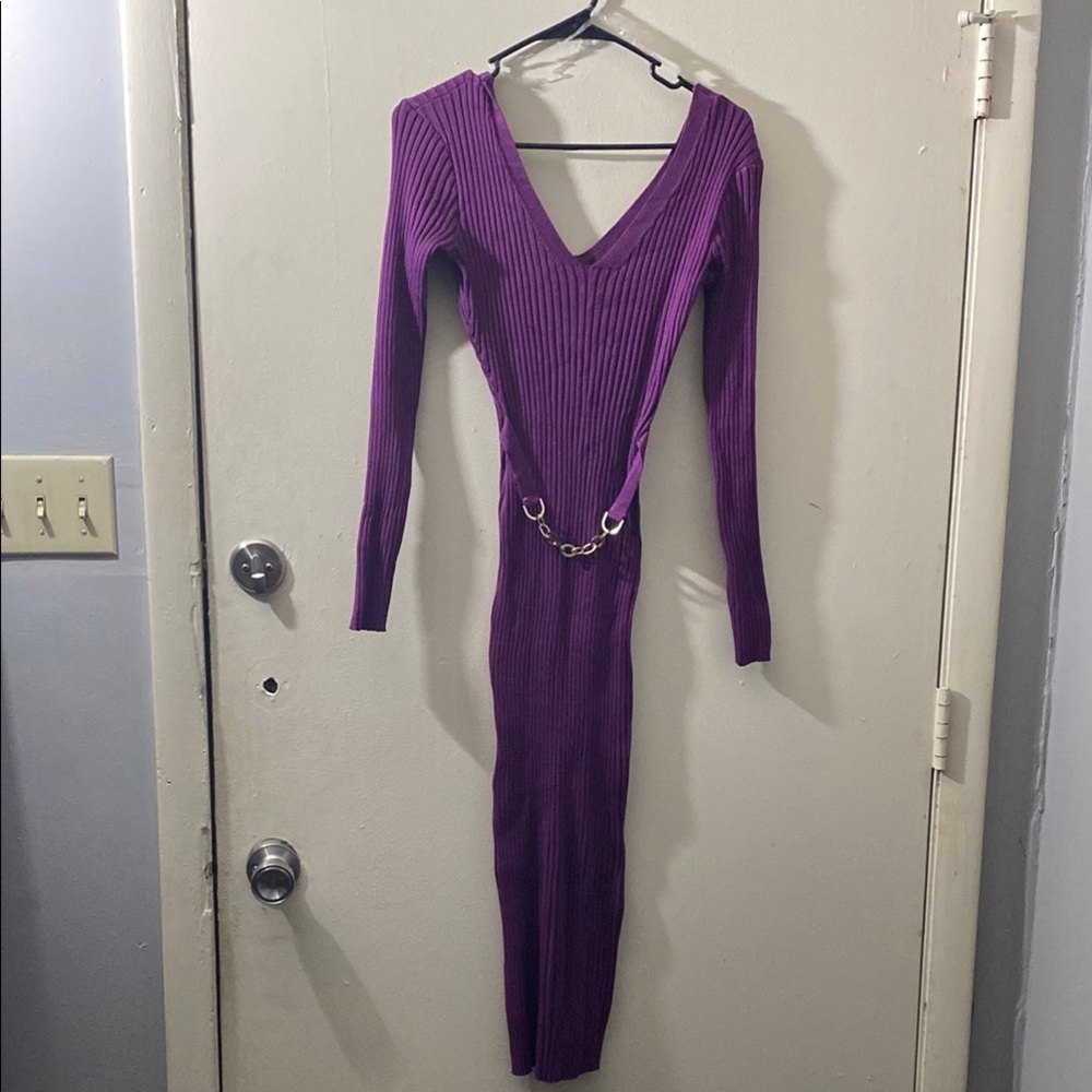 Purple Bodycon Long Sleeve V-Neck Dress